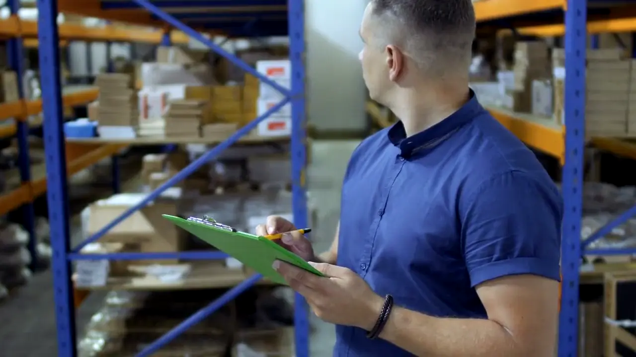 Warehouse employee recording an inventory count on a clipboard beside racking