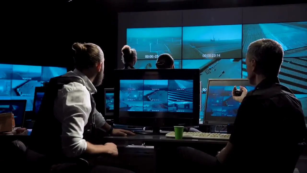 Monitoring team watching a wall of camera feeds in a control room